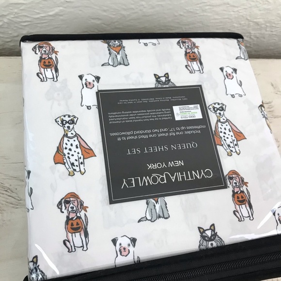 Cynthia Rowley Bedding Cynthia Rowley Halloween Queen Bed Sheet Set Dogs Costumes White